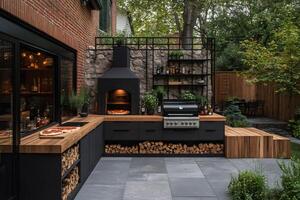 Modern outdoor kitchen featuring pizza oven and grill in backyard setting photo
