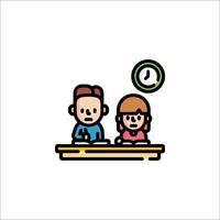 A man and woman sitting at a desk with a clock vector