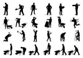 Silhouettes of Workers and Laborers in Various Positions, Construction, Industry and Manual Work vector