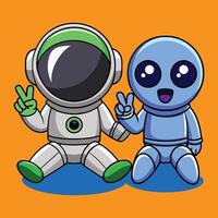 Cartoon-style astronaut and extraterrestrial character in a futuristic galaxy setting vector