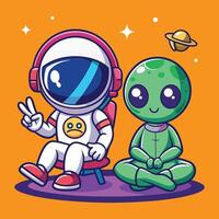 Colorful digital artwork of a cartoon astronaut and smiling alien in a cosmic environment vector
