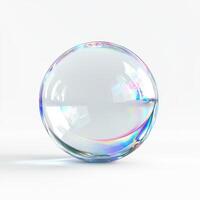 Clear glass sphere with colorful reflections placed on a white background photo