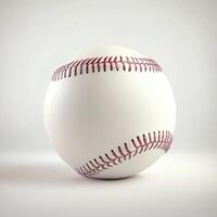 Classic baseball resting on a flat surface with intricate stitching details highlighted in soft lighting photo
