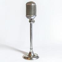Classic silver microphone stands on a white background, showcasing vintage design and detailing in studio setup photo
