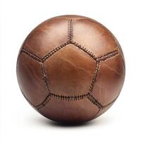 Classic brown leather soccer ball on a white background with visible stitching details photo