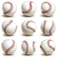 Collection of baseballs arranged in a three-by-three grid on a white background showing various angles and stitching photo