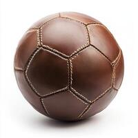 Classic leather soccer ball resting on a white surface with detailed stitching and traditional pentagon pattern photo