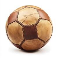 Classic leather soccer ball showcasing vintage design and craftsmanship, emphasizing rich textures and warm colors photo