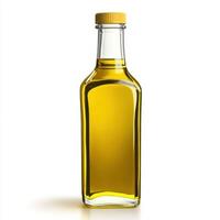 Clear glass bottle filled with golden oil on a white background showcasing its vibrant color and streamlined design photo