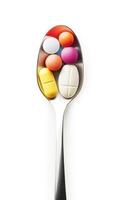 Collection of colorful pills and tablets in a stainless steel spoon on a white background, showcasing various shapes and sizes photo