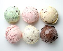 Colorful ice cream scoops arranged in a circle on a white background showcasing different flavors and textures photo