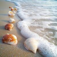 Colorful seashells scattered along a beach shore with gentle waves lapping at their edges photo