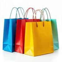 Colorful shopping bags arranged in a neat display with vibrant colors showcasing their unique shapes and textures photo