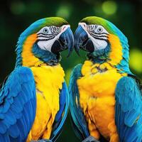 Colorful macaws perched close together in lush green surroundings during a sunny day in nature photo