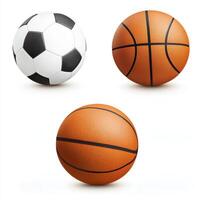 Different types of sports balls including a soccer ball and two basketballs on a white background photo
