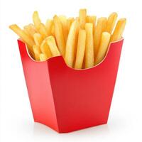 Crispy golden fries served in a bright red container ideal for snacking or sharing with friends photo