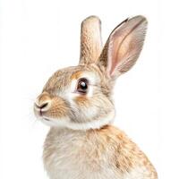 Cute brown rabbit with large ears and bright eyes poses against a white background photo