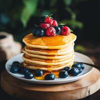 Delicious stack of pancakes topped with fresh berries and maple syrup on a wooden table photo