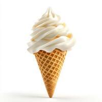 Creamy soft serve ice cream in a waffle cone displayed against a clean white background photo