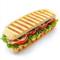 Delicious sandwich with grilled bread, fresh vegetables, and sliced turkey in a bright setting photo