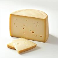Delicious aged cheese block with smooth texture and slices on a clean surface perfect for culinary uses photo