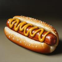Delicious hot dog with mustard served on a sesame seed bun in a warm light setting photo