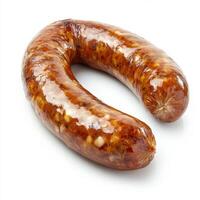Delicious handcrafted sausage displayed on a clean white background, highlighting its rich color and texture photo
