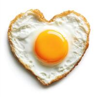 Creative heart-shaped fried egg on a white background, perfect for a romantic breakfast or special occasion photo