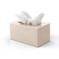 Cream-colored tissue box with soft tissues displayed on a plain background for home or office use photo