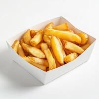 Crispy golden potato wedges in a white container, perfect side dish for any meal or snack time photo