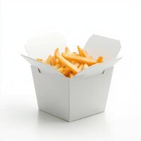 Crispy golden fries served in a takeout box on a plain background for fast food lovers photo
