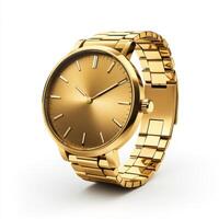 Elegant gold watch with minimalist design and polished finish displayed on white background photo