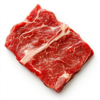 Fresh cut of beef displaying rich marbling and vibrant color on a clean white background photo