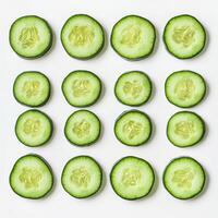 Fresh cucumber slices arranged in a neat grid on a white background for healthy eating and cooking inspiration photo