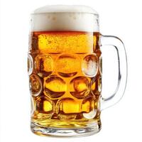 Golden beer in a clear glass mug topped with frothy foam, captured in a warm light setting photo