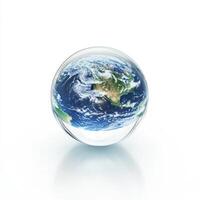 Globe showcasing Earth with vibrant blue oceans and green landmasses reflecting light in a minimalistic setting photo