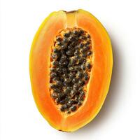 Freshly cut papaya showcasing vibrant orange flesh and dark seeds on white background photo