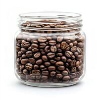 Glass jar filled with roasted coffee beans on a clean surface ready for brewing at home photo