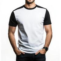 Stylish man wearing a modern black and white t-shirt with hands in pockets against a plain background photo