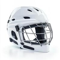 White goalie helmet featuring a metal cage for enhanced protection on the ice during games or practices photo