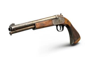 Vintage double-barrel firearm with wooden handle and metal finish displayed on a white background photo