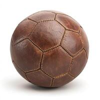 Vintage leather soccer ball showcasing intricate stitching and classic hexagonal design, perfect for display or play photo
