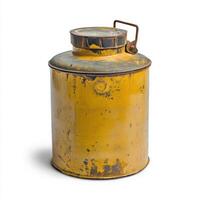 Vintage yellow metal container with a rusted lid and handle, showcasing weathered texture and age photo