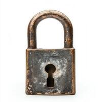 Vintage padlock showcasing wear and rust against a neutral background, symbolizing security and history photo