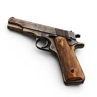 Vintage pistol on white background highlighting craftsmanship and design elements photo