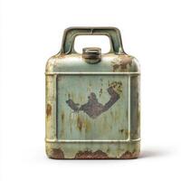 Vintage metal fuel canister showing signs of wear with a faded graphic in a rustic setting photo