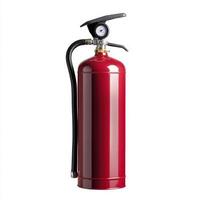 Red fire extinguisher positioned upright for safety and emergency preparedness in a building hallway photo