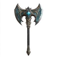 Intricate double-bladed axe with ornate design and striking blue gemstone, suitable for fantasy and role-playing settings photo