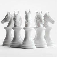Elegant white chess pieces arranged neatly, showcasing intricate knight designs in a minimalistic setting photo