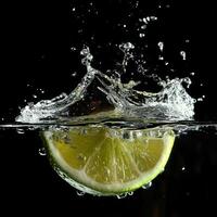 Fresh lime slice splashes into clear water creating dynamic droplets and ripples at an evening setting photo